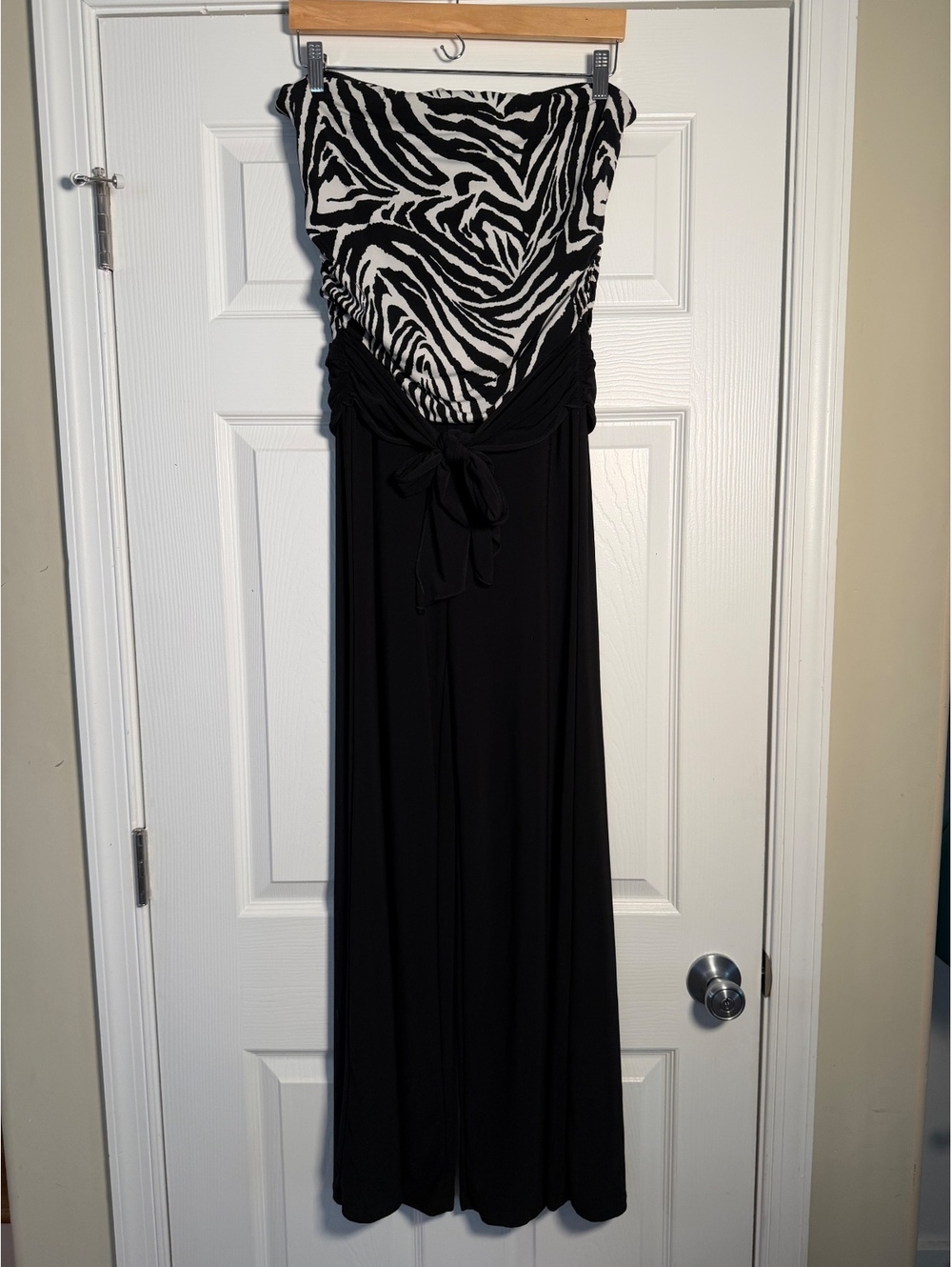 Black & White Y2K Zebra Print Strapless Jumpsuit Wide Leg Palazzo Tie Waist